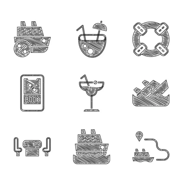 Ange Cocktail, Kryssningsfartyg, Fartygslinje väg, sjunkande kryssning, Poker bord, biljett, Livboj och ikon. Vektor — Stock vektor