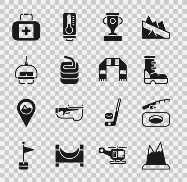 Set Mountains, Winter fishing, Waterproof rubber boot, Award cup, Stone for curling, Ski lift, First aid kit and scarf icon. Vector — Stock Vector