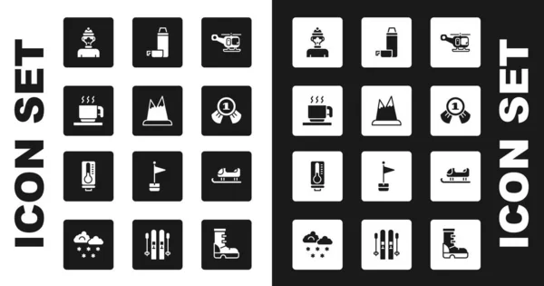 Ensemble hélicoptère de sauvetage, montagnes, tasse de chocolat chaud, athlète d'hiver, médaille, conteneur Thermos, traîneau et icône du thermomètre météorologie. Vecteur — Image vectorielle