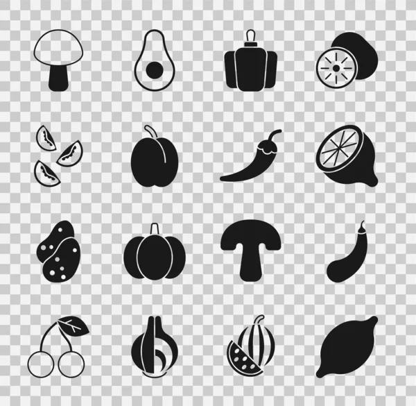 Set Lemon, Eggplant, Bell pepper, Plum fruit, Tomato, Mushroom and Hot chili pod icon. Vector — Stock Vector