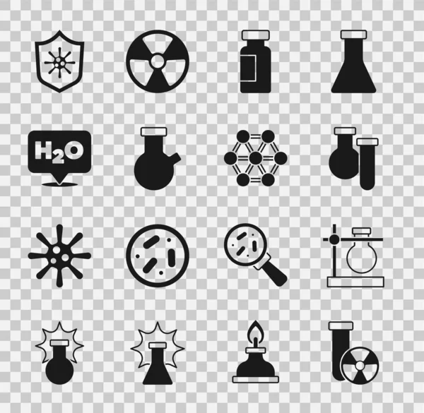 Zestaw Promieniowanie probówki, podstawka kolby, Wzór chemiczny dla H2O, Tarcza chroniąca przed wirusem i ikona cząsteczki. Wektor — Wektor stockowy