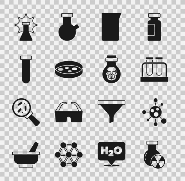 Set Test tube radiation, Molecule, and flask, Laboratory glassware or beaker, Petri dish with bacteria, Chemical explosion and Poison in bottle icon. Vector — Stockvector