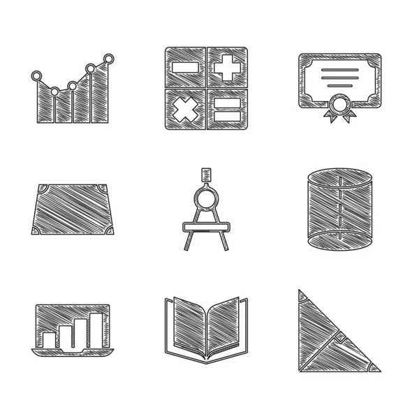 Set Drawing compass, Open book, Angle bisector of triangle, Geometric figures, Laptop with graph chart, Acute trapezoid shape, Certificate template and Graph, graph, gradule, diagram. Вектор — стоковий вектор