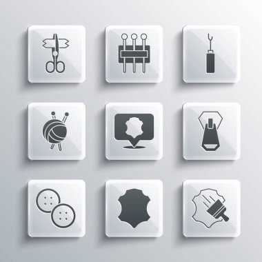 Deri, fermuar, dikiş düğmesi, örgü iğneli iplik topu, makas ve Awl alet ikonu. Vektör