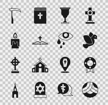 Anma çelengi, güvercin, Hıristiyan kadehi, kutsal kitap, yanan mum, tırpan ve göz yaşı ikonu. Vektör