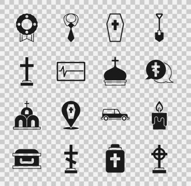Grave 'i haçla, yanan mumla, tabutla, ölü monitörle, çelenkle ve kilise kulesi ikonuyla ayarla. Vektör
