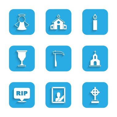Scythe, yas tutan fotoğraf çerçevesi, haçlı mezar, kilise binası, konuşma balonlu ölüm, Hıristiyan kadehi, yanan mum ve melek ikonu. Vektör