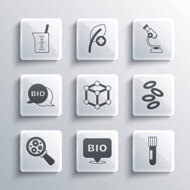 Biyolojik sağlıklı besin, deney tüpü ve matara, hemoglobin, molekül, mikroorganizmaları büyüteç, laboratuvar cam deney şişesi ve mikroskop ikonu altına yerleştir. Vektör