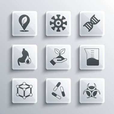 Virüs, Biyolojik Tehlike sembolü, Laboratuvar bardağı ya da deney tüpü, Elinde bitki, Molekül, Mide ekşimesi, Yaprak ve DNA ikonu olan yer. Vektör