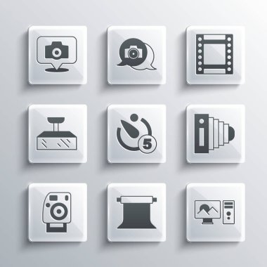 Boş fotoğraf stüdyosu, fotoğraf makinesi, kamera, zamanlayıcı, Softbox ışığı ve rulo kartuş simgesini ayarla. Vektör