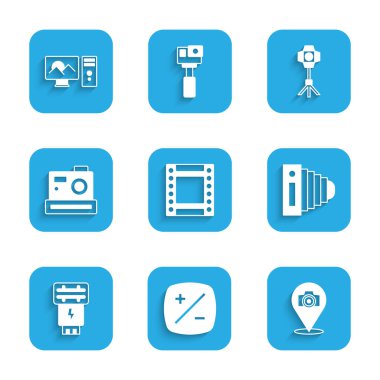 Kamera rulo kartuşu, pozlama tazminatı, fotoğraf makinesi, flaş, Softbox ışığı ve rötuş simgesini ayarla. Vektör