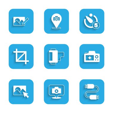 Kamera rulo kartuşu, fotoğraf makinesi, USB kablo kablosu rötuşlama, resim mahsulü fotoğrafı, zamanlayıcı ve simgeyi ayarla. Vektör