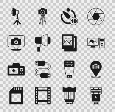 Fotoğraf makinesi flaşı, rötuşlama, kamera zamanlayıcısı, Softbox ışığı ve çerçeve simgesini ayarla. Vektör