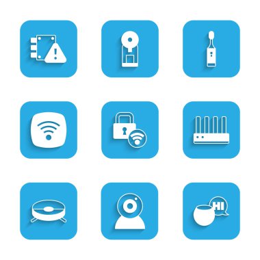 Dijital kapı kilidi, web kamerası, ses asistanı, Router ve wi-fi sinyali, robot elektrik süpürgesi, kablosuz internet ağı, elektrikli diş fırçası ve House koruma simgesi altında. Vektör