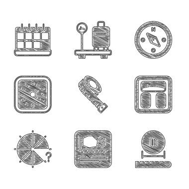 Ölçüm bandını, alan ölçümünü, çapı, banyo ölçeğini, parça çemberi, saat, pusula ve takvim simgesini ayarla. Vektör