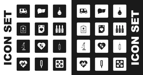 Set Enema, Doctor appointment, Clinical record, Emergency car, Medical vial, ampoule, Human organ liver, Syringe and Microscope icon. Vector — Stock Vector