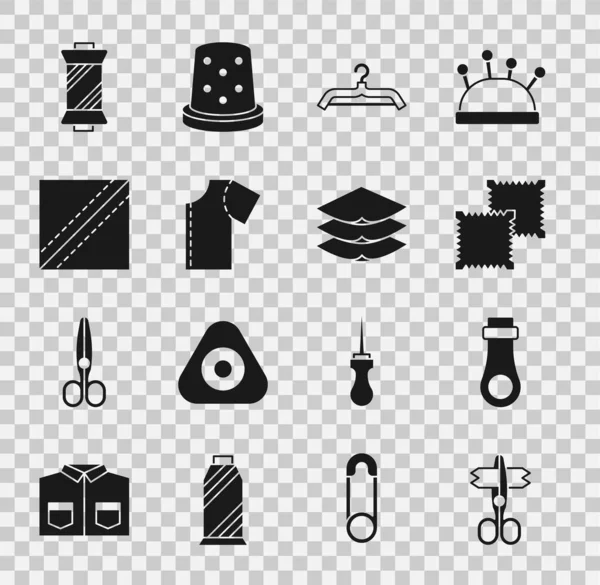 Set Tijeras, Cremallera, Rollo de tela textil, Armario colgador, Patrón de costura, hilo en carrete y Capas icono textil ropa. Vector — Archivo Imágenes Vectoriales