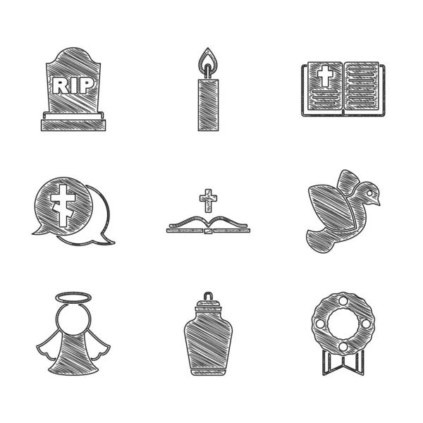 Conjunto libro de la Sagrada Biblia, urna funeraria, corona conmemorativa, paloma, ángel, tumba con cruz, y tumba RIP icono escrito. Vector — Vector de stock