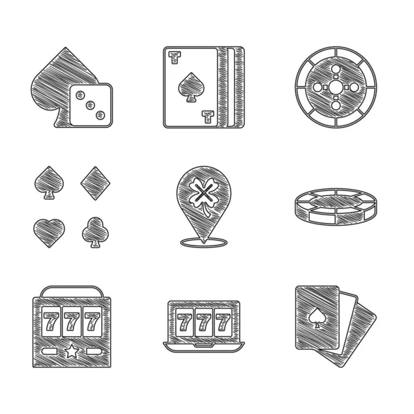 Set Casino gokautomaat met klaver, Online jackpot, Dek van het spelen van kaarten, chips, Slot, roulette wiel en Spel dobbelstenen pictogram. Vector — Stockvector