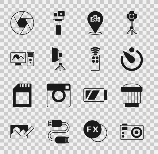 Conjunto de cámara de fotos, lente de foto de la cámara, temporizador, luz Softbox, retoque, obturador y control remoto para el icono. Vector — Vector de stock