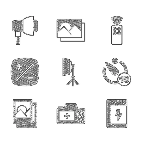 Definir luz Softbox, câmera fotográfica, bateria para, temporizador de câmera, quadro, compensação de exposição, controle remoto e ícone. Vetor —  Vetores de Stock
