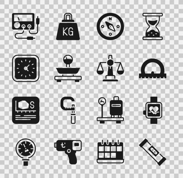 Set Construction bubble level, Smart watch, Protractor, Compass, Scales, Clock, Multimeter, voltmeter and of justice icon. Vector — Stockvector