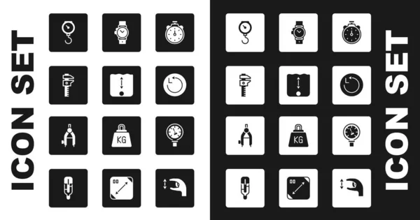 Set Stoppuhr, Tiefenmessung, Bremssattel oder Bremssattel und Skala, mechanische Handfeder, Radius, Handgelenk, Druckwasserzähler und Zeichenkompass-Symbol. Vektor — Stockvektor