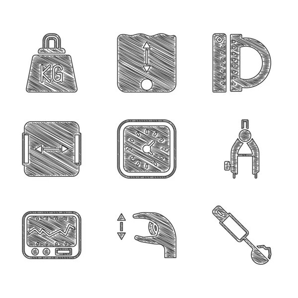 Set Relógio, Medidas aproximadas, Colher de medição, Bússola de desenho, instrumento, Área, transferidor e régua e ícone de peso. Vetor —  Vetores de Stock