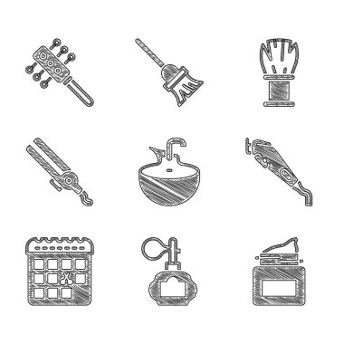 Yıkama leğeni, tıraş losyonu, krem kozmetik kavanozu, elektrikli saç makası, saç kesme günü takvimi, saç maşası, saç fırçası ve saç fırçası ikonu. Vektör