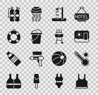 Kolsuz tişört, Meteoroloji termometresi, seyahat kartpostalı, plaj duşu, kova içinde kum, Lifebuoy, Aqualung ve ızgara ikonu. Vektör