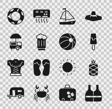 Set Life ceketi, Ananas, Dondurma, Yat yelkenlisi, tahta bira kupası, Fast Street yemek arabası, lastik yüzme yüzüğü ve Beach Ball ikonu. Vektör