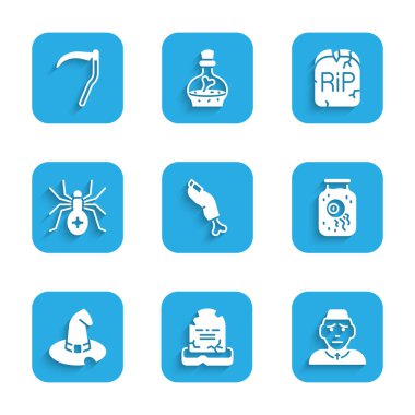 Zombi parmağı, RIP yazılı Tombstone, rahip, kavanoz gözü, cadı şapkası, örümcek ve tırpan ikonu. Vektör