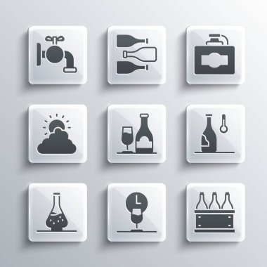 Şarap saati, şarap şişeleri, sıcaklık, camlı bir şişe, güneş ve bulut havası için deklanter, fıçı ve karton ikon. Vektör