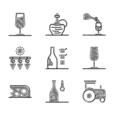 Bir şişe şarap, şarap sıcaklığı, traktör, cam, peynir, kuru üzüm, tatma, degukasyon ve ikon. Vektör