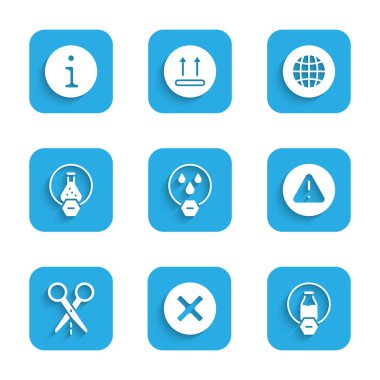 Su damlasını yasakla, X Mark, Çember çember çiz, Laktoz serbest, Ünlem üçgeni, Kesik çizgili makas, Test tüpü ve matarası, Sosyal ağ ve Bilgi simgesi. Vektör