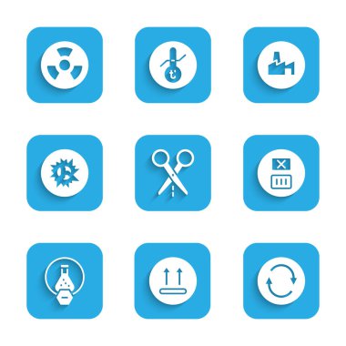 Makası kesme hattı, ısı temizleme, geri dönüşüm sembolü, test tüpü ve matarası, bomba patlaması, fabrika üretimi ve radyoaktif ikon ile ayarla. Vektör