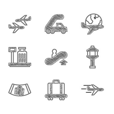 Yürüyen merdiven ayarlayın, bavullu taşıyıcı bant, uçak, havaalanı kontrol kulesi, ölçek, Globe uçuş uçağı ve ikon. Vektör