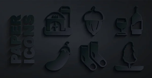 Zokni, borosüveg üveggel, padlizsán, fa, makk és parasztház ikon. Vektor — Stock Vector