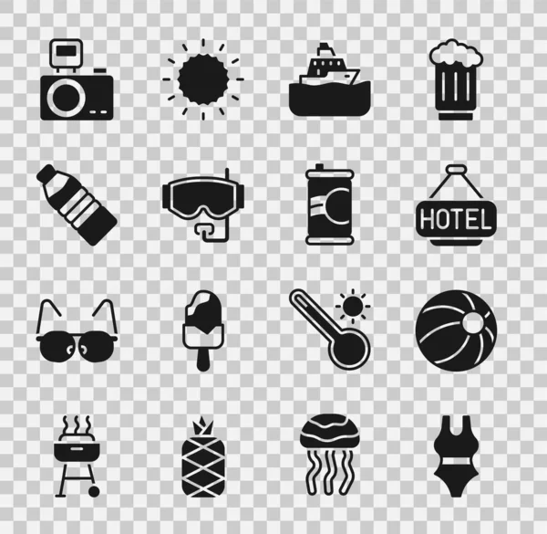 Set traje de baño, pelota de playa, letrero con texto Hotel, crucero, máscara de buceo, botella de agua, flash de cámara de fotos y Soda puede icono. Vector — Archivo Imágenes Vectoriales