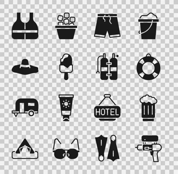 Su tabancası, tahta bira bardağı, Lifebuoy, yüzme şortu, dondurma, zarif kadın şapkası, ceket ve Aqualung ikonu. Vektör