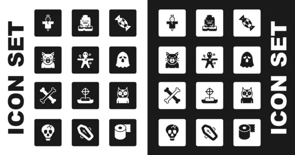 Set Candy, Voodoo doll, Cat, Scarecrow, Ghost, Tombstone with RIP written, Owl bird and Crossed bones icon. Vector — Stockový vektor