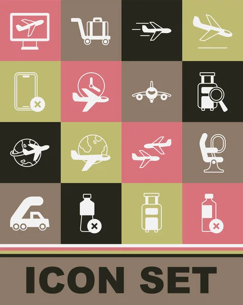 Set No water bottle, Airplane seat, Lost baggage, Plane, Flight time, cell phone, and icon. Vector — Wektor stockowy