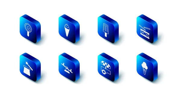 Set Eis in Waffelkegel, Trommel mit Trommelstöcken, Fast-Food-Wagen, Wippe, Zauberhut und Zauberstab und Lollipop-Ikone. Vektor — Stockvektor
