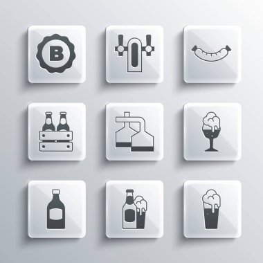Bira şişesi ve bardak, bir bardak bira, demleme işlemi, paket şişeleri, şişe kapağı ve sosis ikonu. Vektör