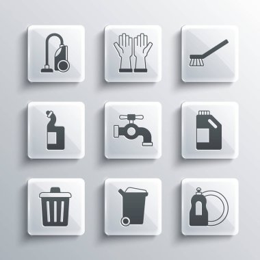 Set Trash can, Dishwashing liquid bottle, Bottle for cleaning agent, Water tap, Vacuum cleaner and Brush icon. Vector