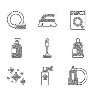 Set Vacuum cleaner, Air freshener spray bottle, Dishwashing liquid, Bottle for cleaning agent, Home service, Washer and Washing dishes icon. Vector
