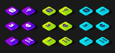 Set Old hourglass, Pendulum, Sedative pills, Broken heart or divorce, and Question and Answer icon. Vector