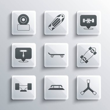 Set Skateboard stairs with rail, Y-tool, Longboard or skateboard, wheel, T, and icon. Vector