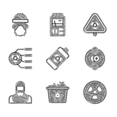 Set Nuclear energy battery, Infectious waste, Radioactive, Atom, reactor worker, Triangle with radiation and icon. Vector