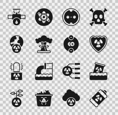 Set Nuclear energy battery, Radioactive waste in barrel, shield, Electrical outlet, explosion, Planet earth and radiation, Industry pipe valve and Atom icon. Vector